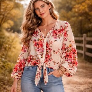 Kut From The Kloth Blouse Women XL Cream Floral Tie Front Boho Cottagecore Sheer